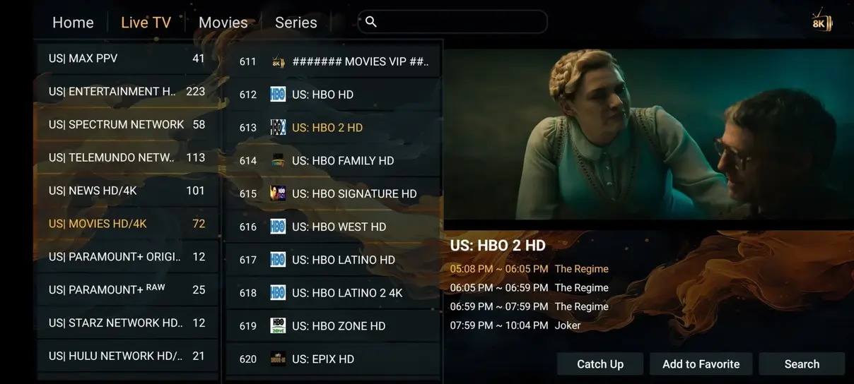 Interface Orca Pro Max IPTV sur télévision